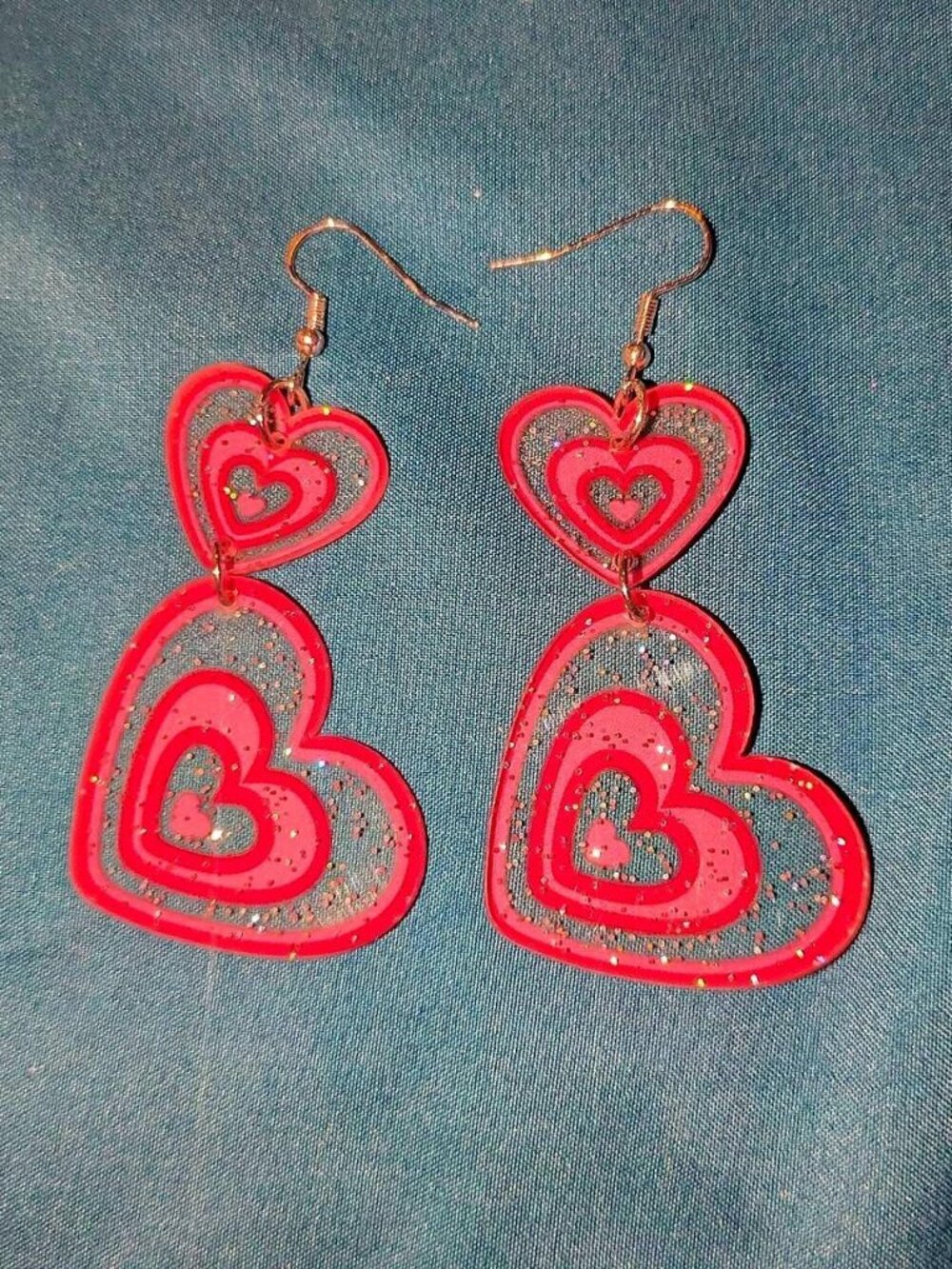 Red glittery heart earrings with layered design brand new, never worn handmade